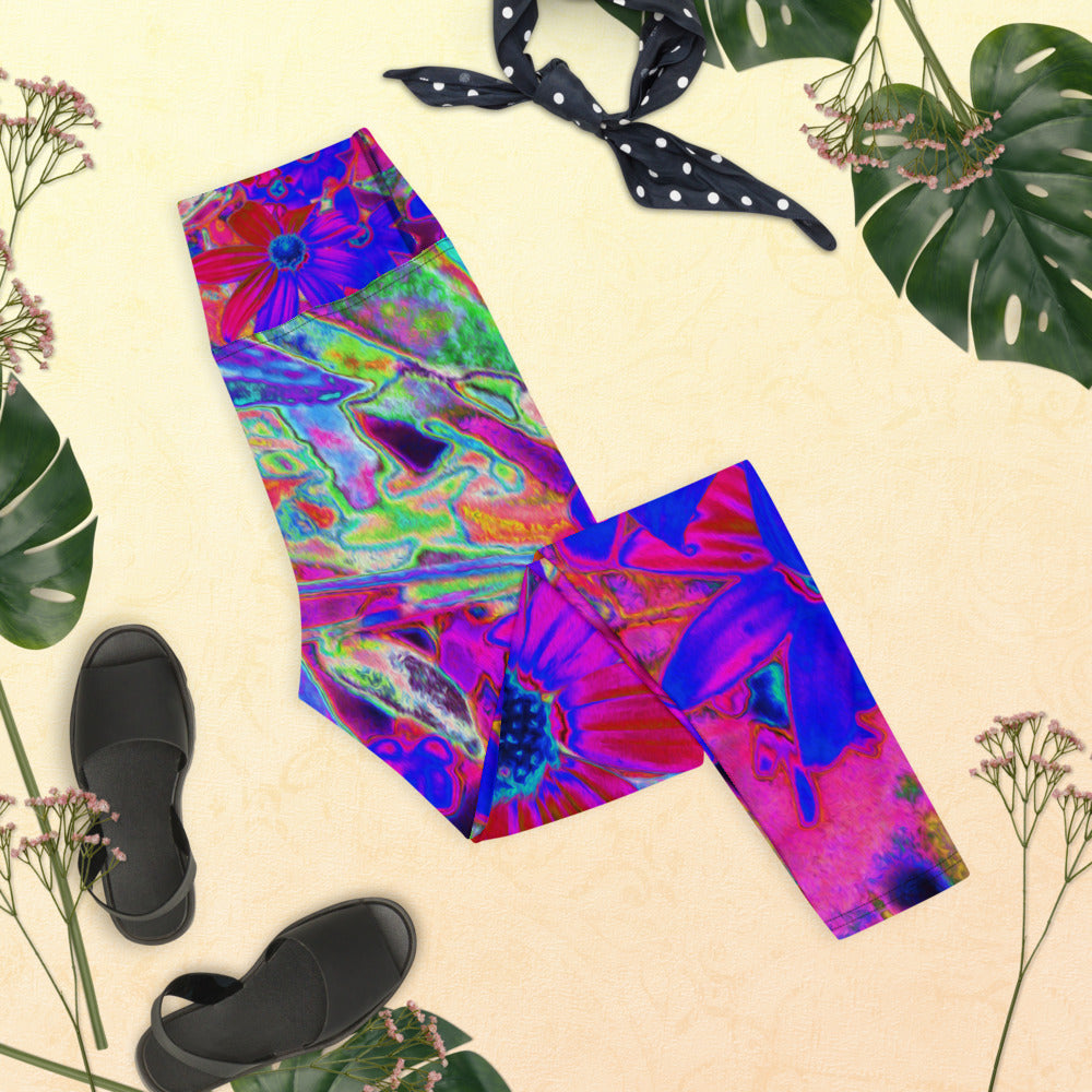 Floral Yoga Leggings for Women, Psychedelic Retro Crimson and Magenta Wildflowers