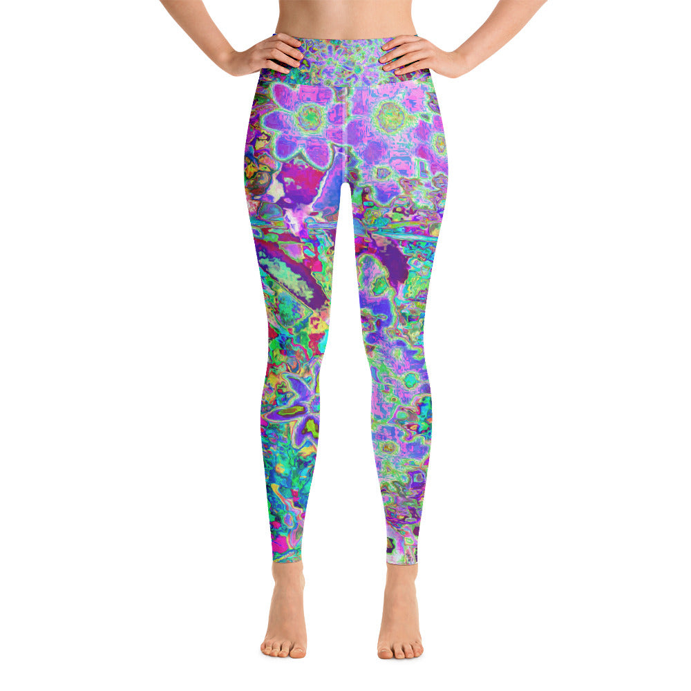 Colorful Floral Yoga Leggings for Women, Trippy Abstract Pink and Purple Flowers