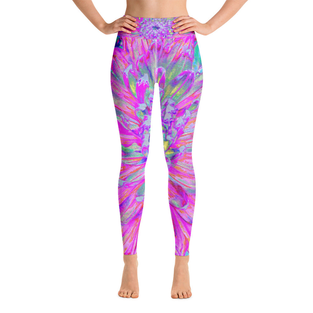 Yoga Leggings for Women, Cool Pink Blue and Purple Artsy Dahlia Bloom