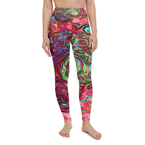 Yoga Leggings for Women, Watercolor Red Groovy Abstract Retro Liquid Swirl