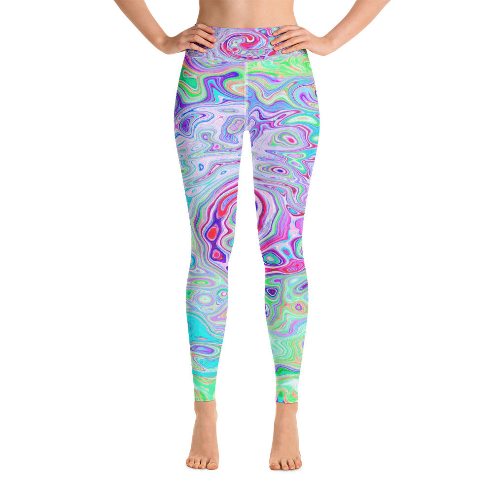 Yoga Leggings for Women, Groovy Abstract Retro Pink and Green Swirl