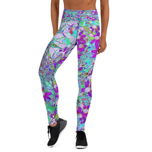 Yoga Leggings for Women, Aqua Garden with Violet Blue and Hot Pink Flowers