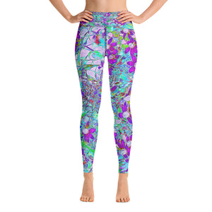 Yoga Leggings for Women, Aqua Garden with Violet Blue and Hot Pink Flowers