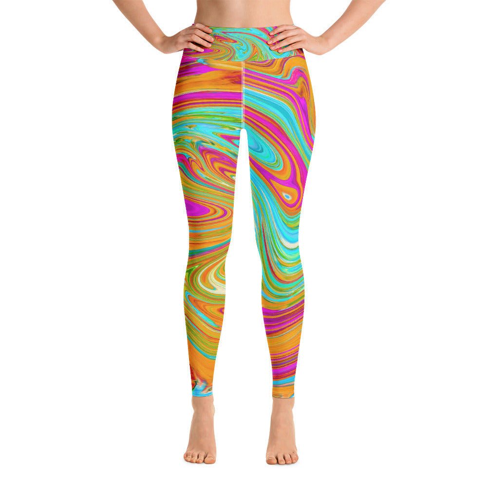 Yoga Leggings for Women, Blue, Orange and Hot Pink Groovy Abstract Retro Art