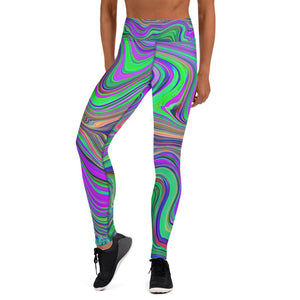 Yoga Leggings for Women, Trippy Lime Green and Purple Waves of Color