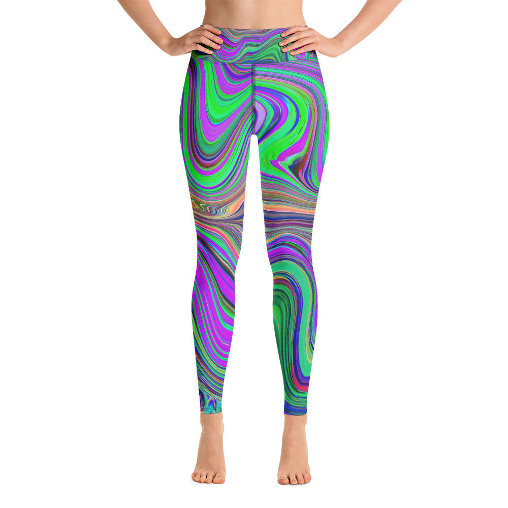 Yoga Leggings for Women, Trippy Lime Green and Purple Waves of Color
