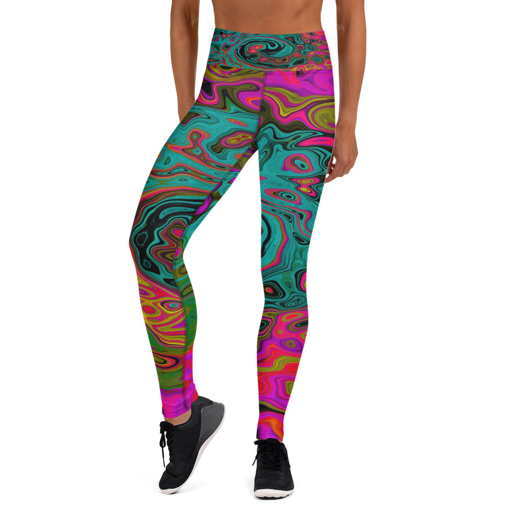 Yoga Leggings for Women, Trippy Turquoise Abstract Retro Liquid Swirl