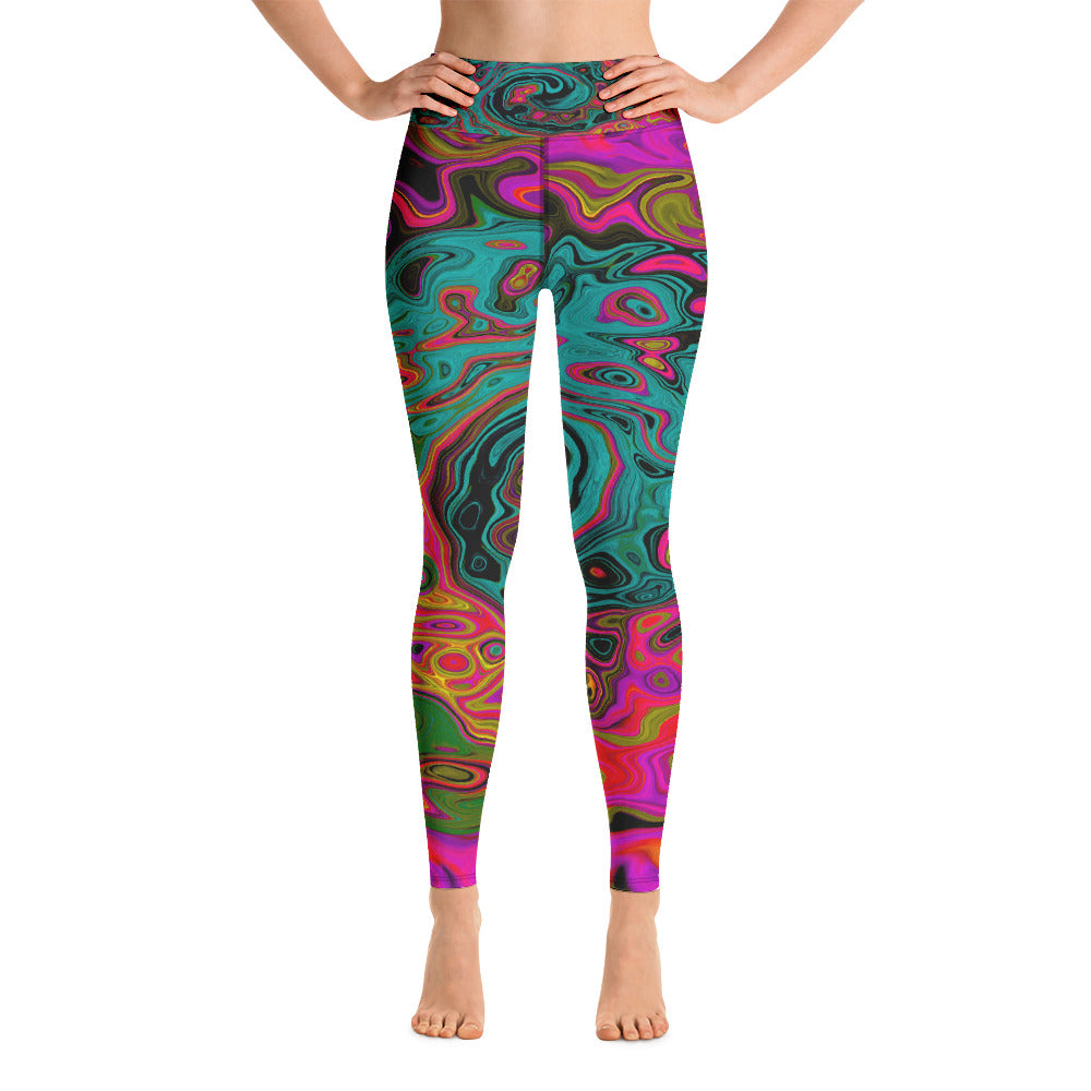 Yoga Leggings for Women, Trippy Turquoise Abstract Retro Liquid Swirl