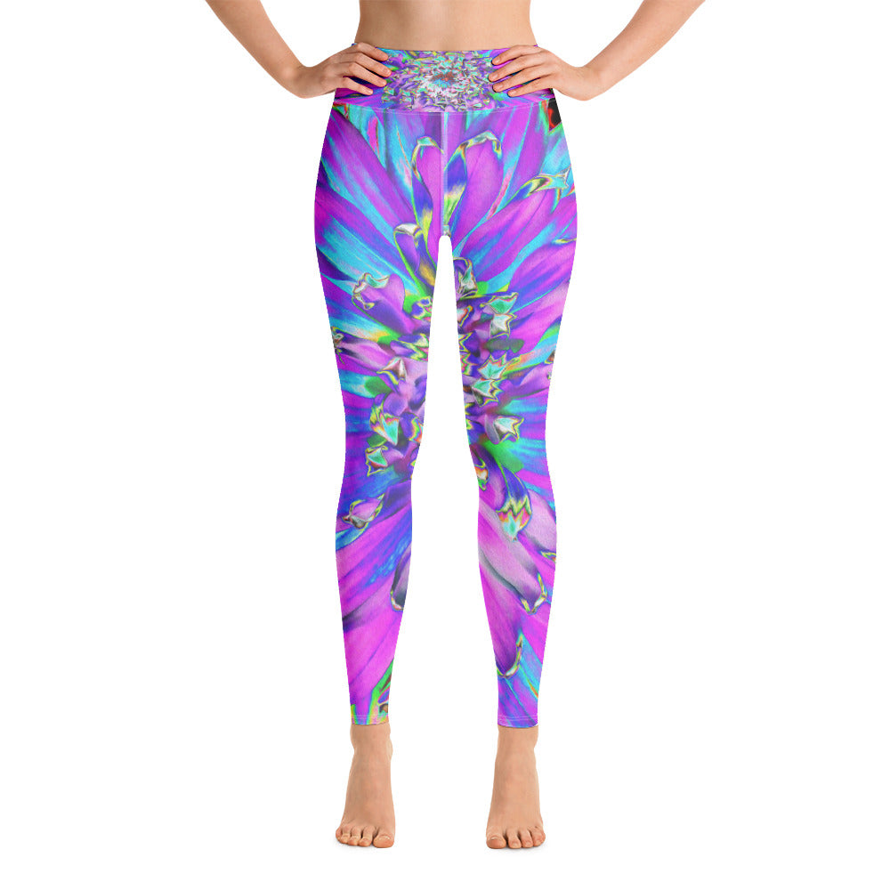 Yoga Leggings for Women, Trippy Abstract Aqua, Lime Green and Purple Dahlia