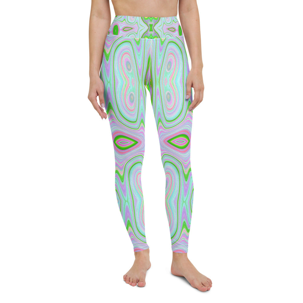 Yoga Leggings for Women, Retro Abstract Pink, Lime Green and Aqua Pattern