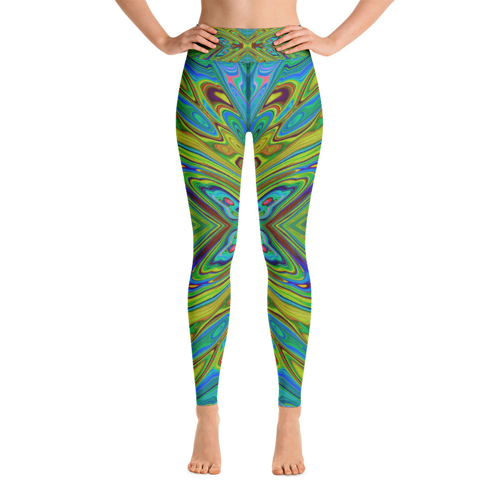 Yoga Leggings for Women, Trippy Chartreuse and Blue Abstract Butterfly