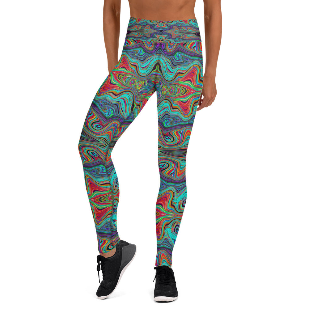 Yoga Leggings for Women, Wavy Sea Foam Green and Red Trippy Pattern