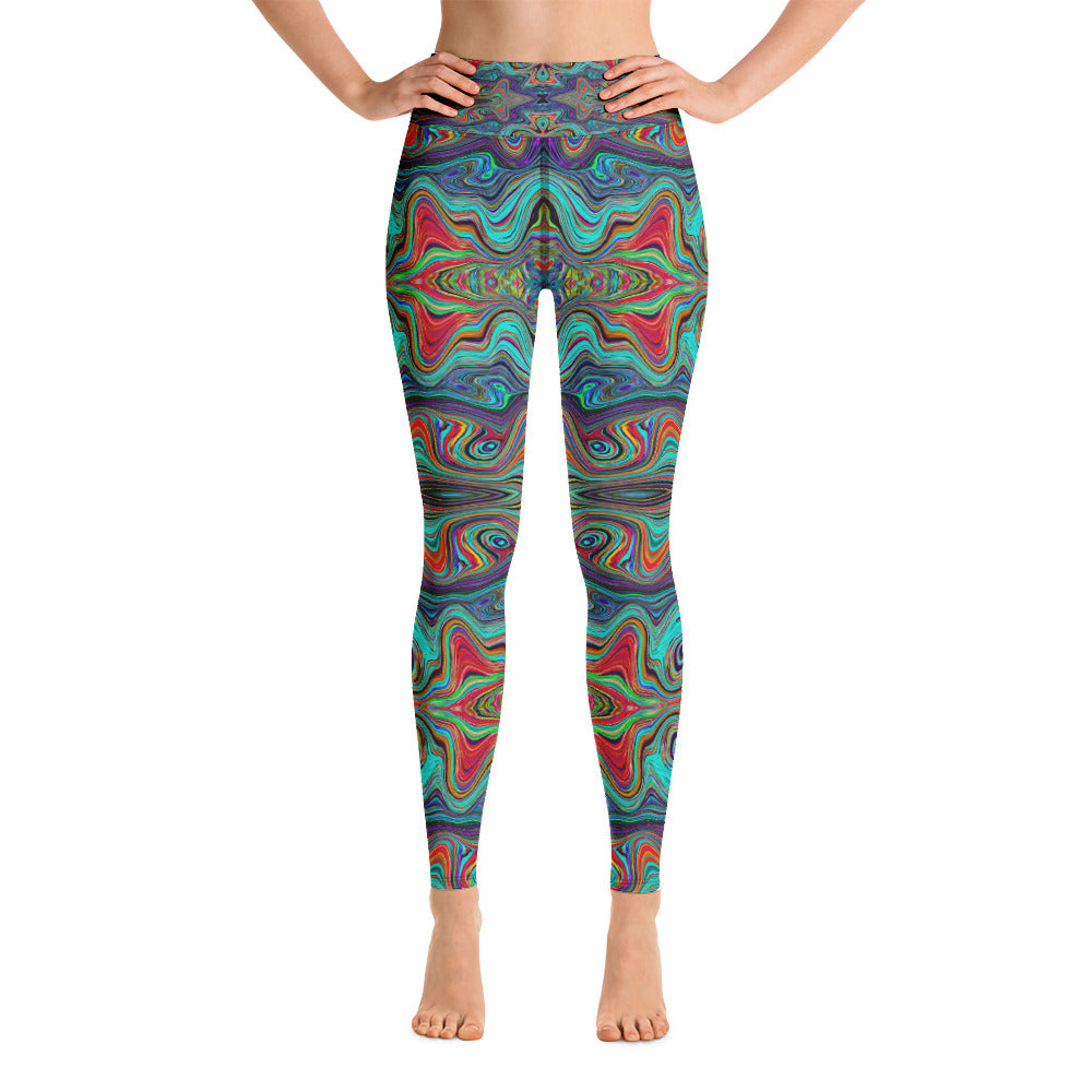 Yoga Leggings for Women, Wavy Sea Foam Green and Red Trippy Pattern