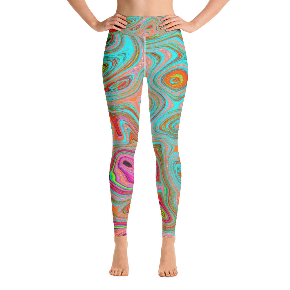 Yoga Leggings for Women, Trippy Retro Orange and Aqua Groovy Abstract Art