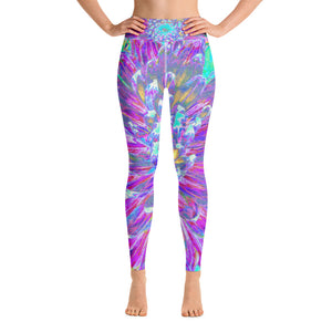 Yoga Leggings for Women, Purple and Robin's Egg Blue Decorative Dahlia