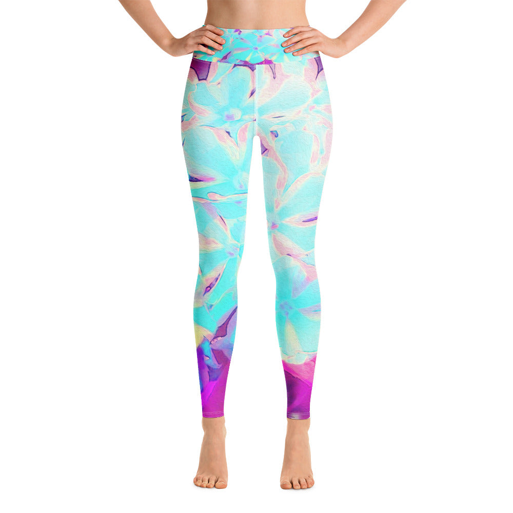 Yoga Leggings for Women, Robin's Egg Blue Peppermint Twist Phlox Flowers