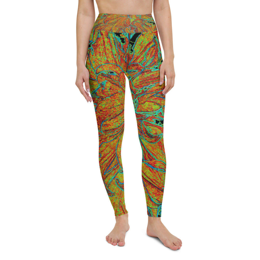 Yoga Leggings for Women, Abstract Burnt Orange and Green Dahlia Bloom