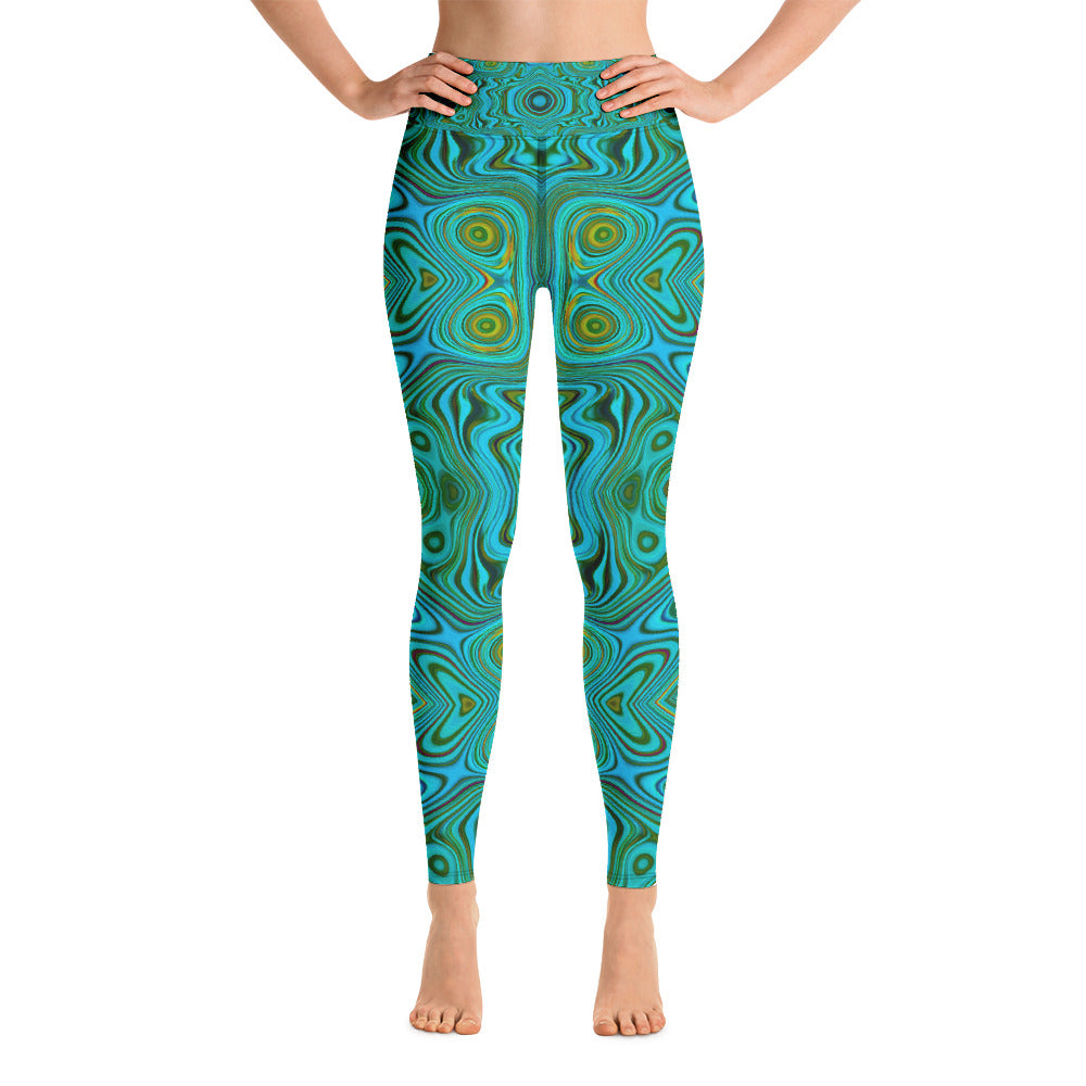 Yoga Leggings for Women, Trippy Retro Turquoise Chartreuse Abstract Pattern