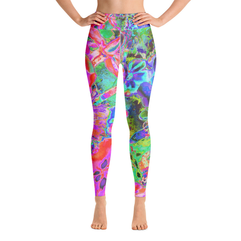 Yoga Leggings for Women, Trippy Psychedelic Hot Pink and Purple Flowers