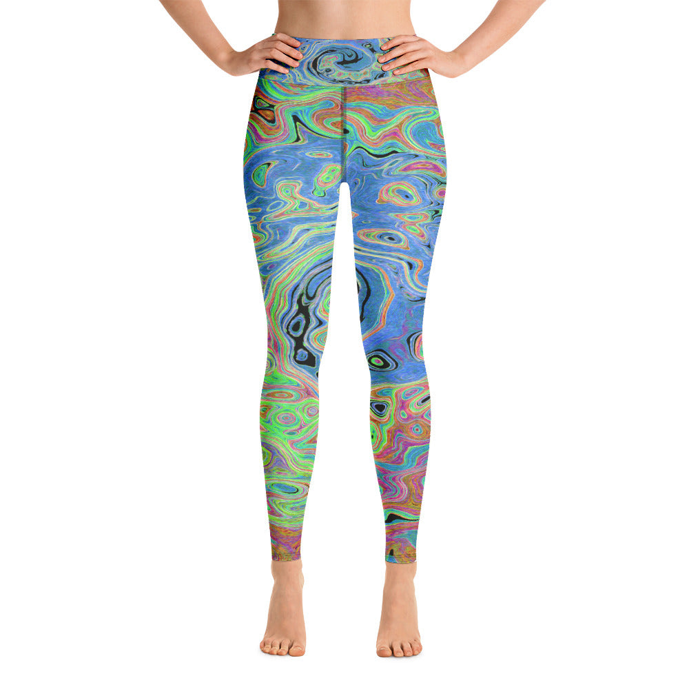 Yoga Leggings for Women, Watercolor Blue Groovy Abstract Retro Liquid Swirl