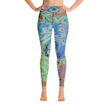 Yoga Leggings for Women, Watercolor Blue Groovy Abstract Retro Liquid Swirl