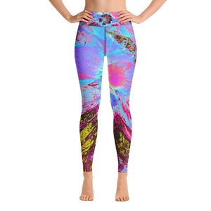 Yoga Leggings for Women, Psychedelic Cornflower Blue and Magenta Hibiscus