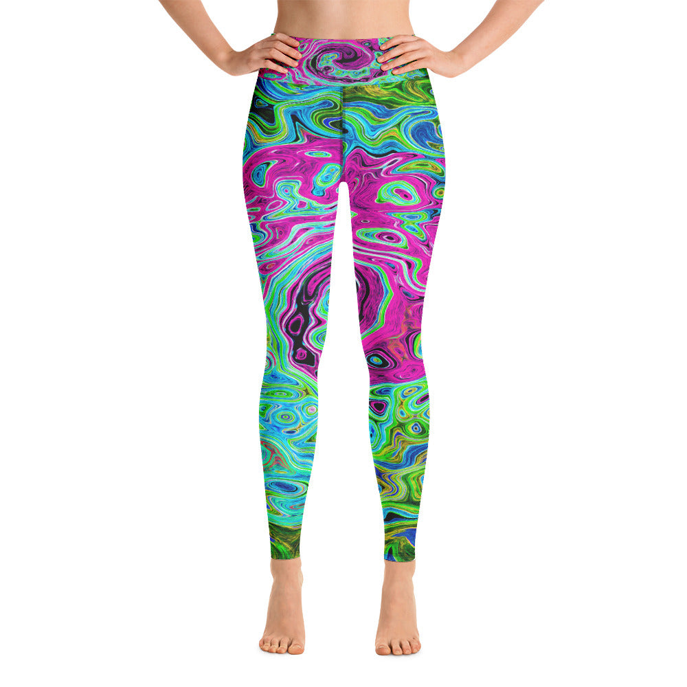 Yoga Leggings for Women, Hot Pink and Blue Groovy Abstract Retro Liquid Swirl