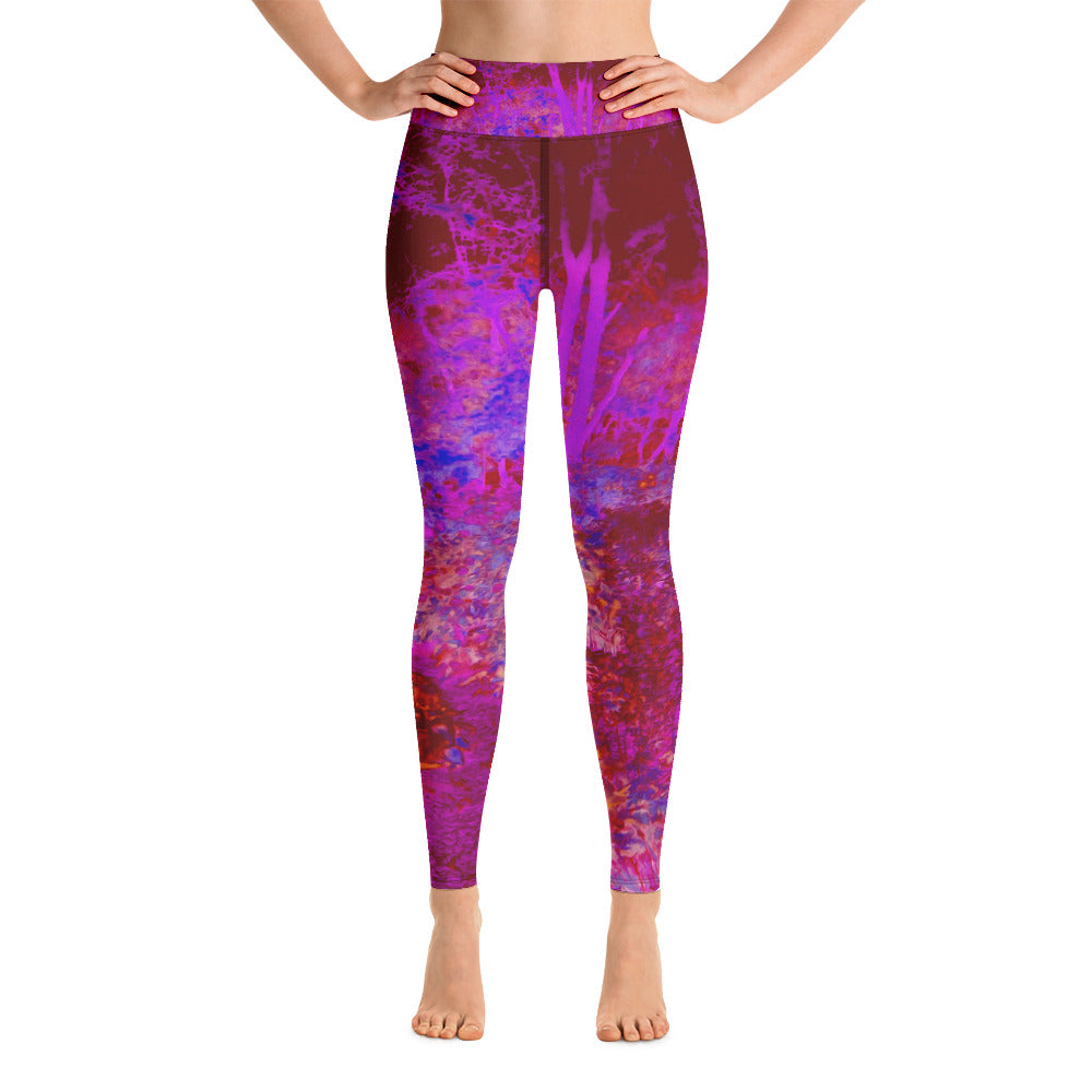 Yoga Leggings for Women, Trippy Red and Magenta Impressionistic Landscape