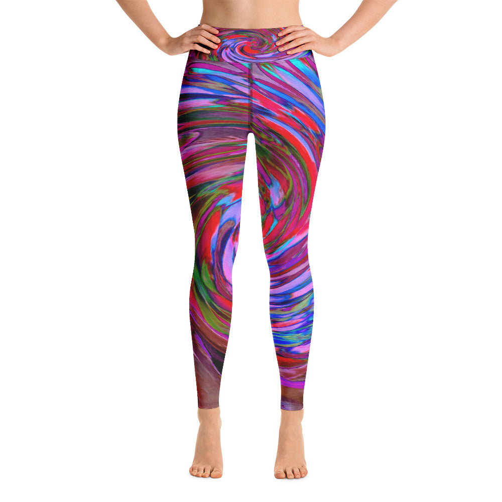 Yoga Leggings for Women, Cool Red, Blue and Pink Abstract Floral Swirl