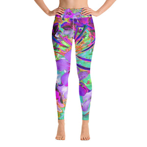 Yoga Leggings for Women, Dramatic Psychedelic Magenta and Purple Flowers