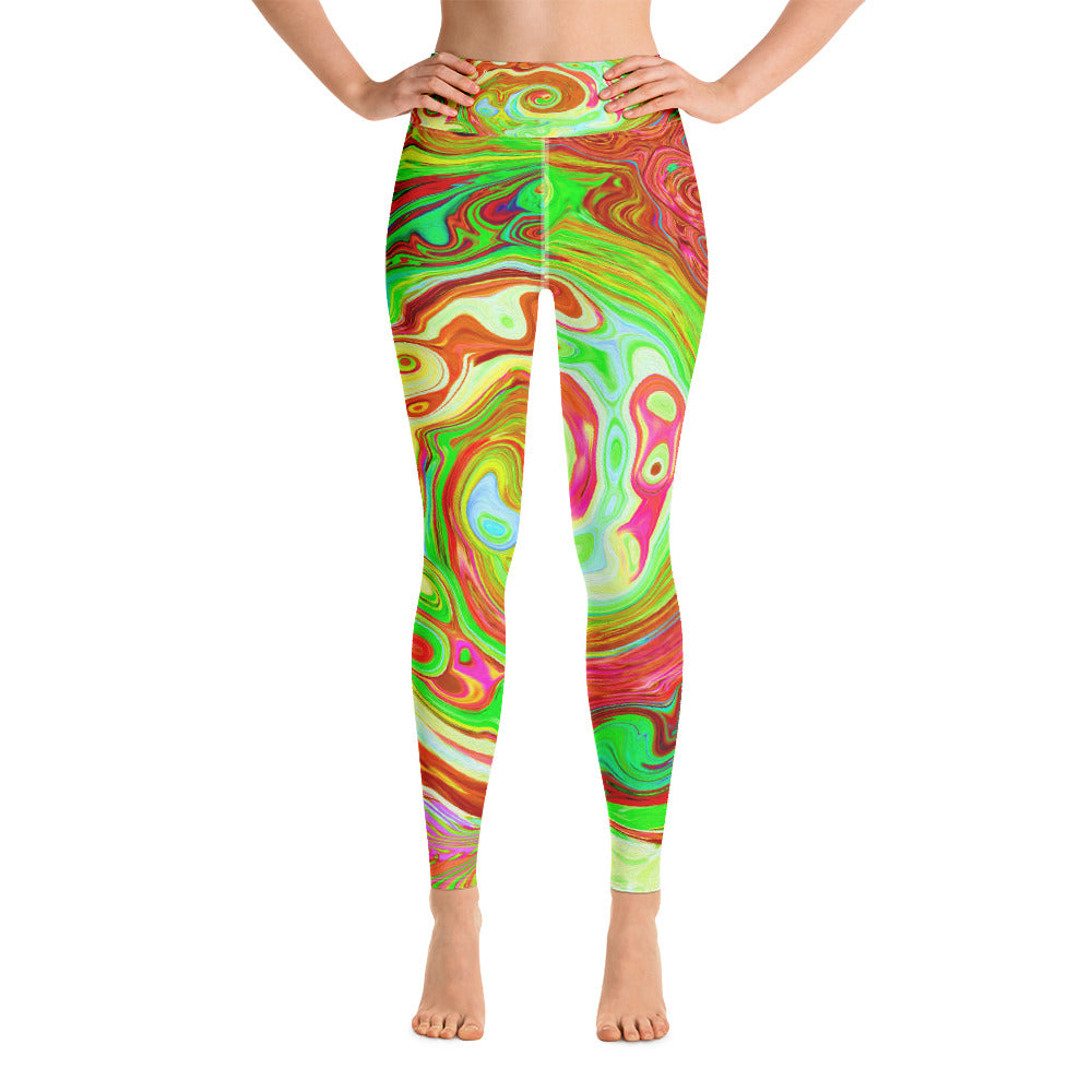 Yoga Leggings for Women, Groovy Abstract Retro Red and Green Swirl