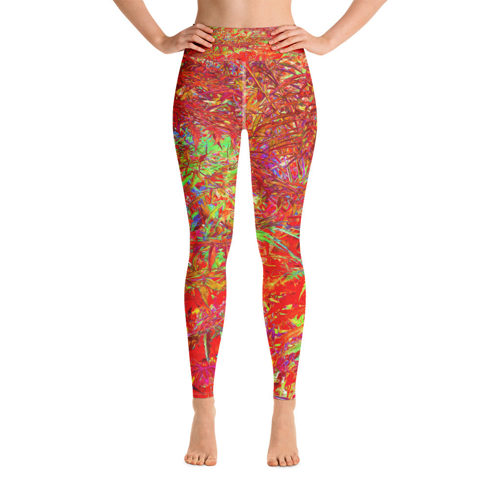 Yoga Leggings, Abstract Red and Lime Green Foliage Garden