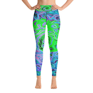 Yoga Leggings, Lime Green Groovy Abstract Retro Liquid Swirl