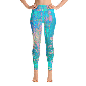 Yoga Leggings, Trippy Aqua Sunrise with Psychedelic Garden Flowers