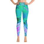 Yoga Leggings, Psychedelic Retro Green and Hot Pink Hibiscus Flower