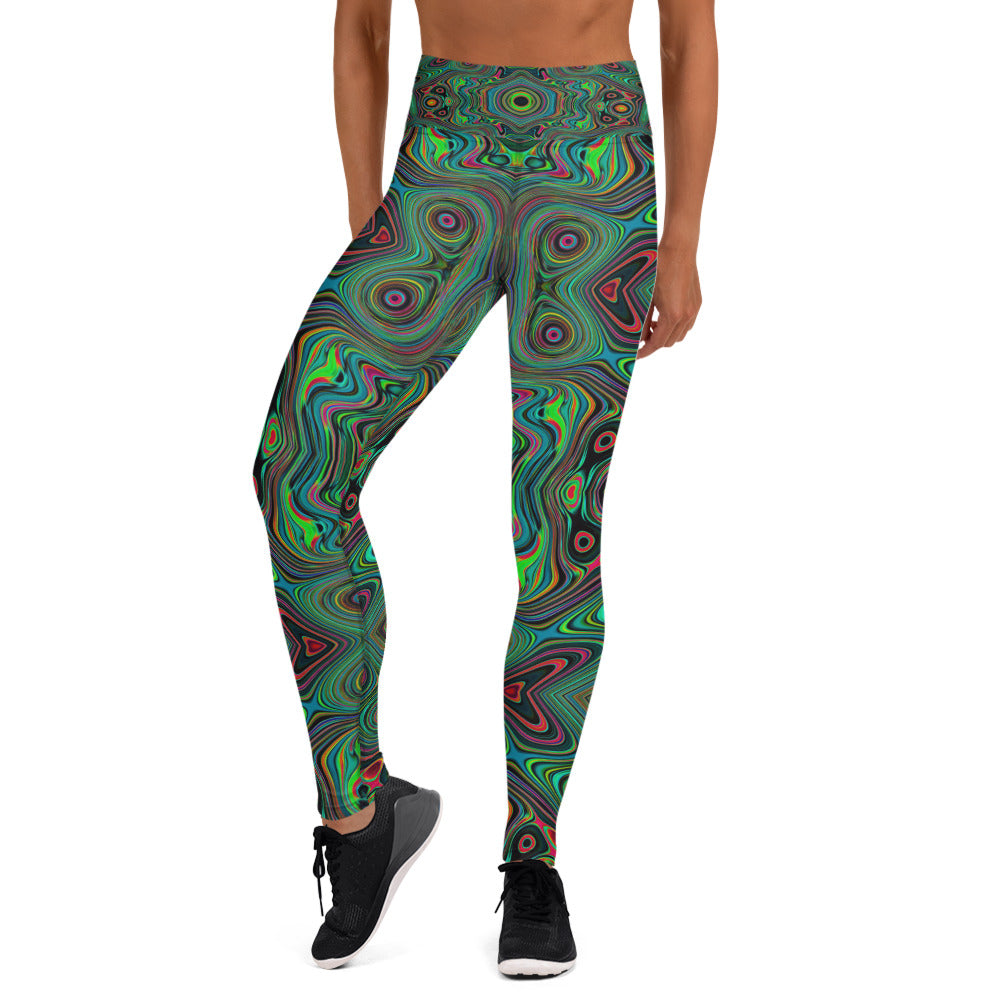 Yoga Leggings, Trippy Retro Black and Lime Green Abstract Pattern