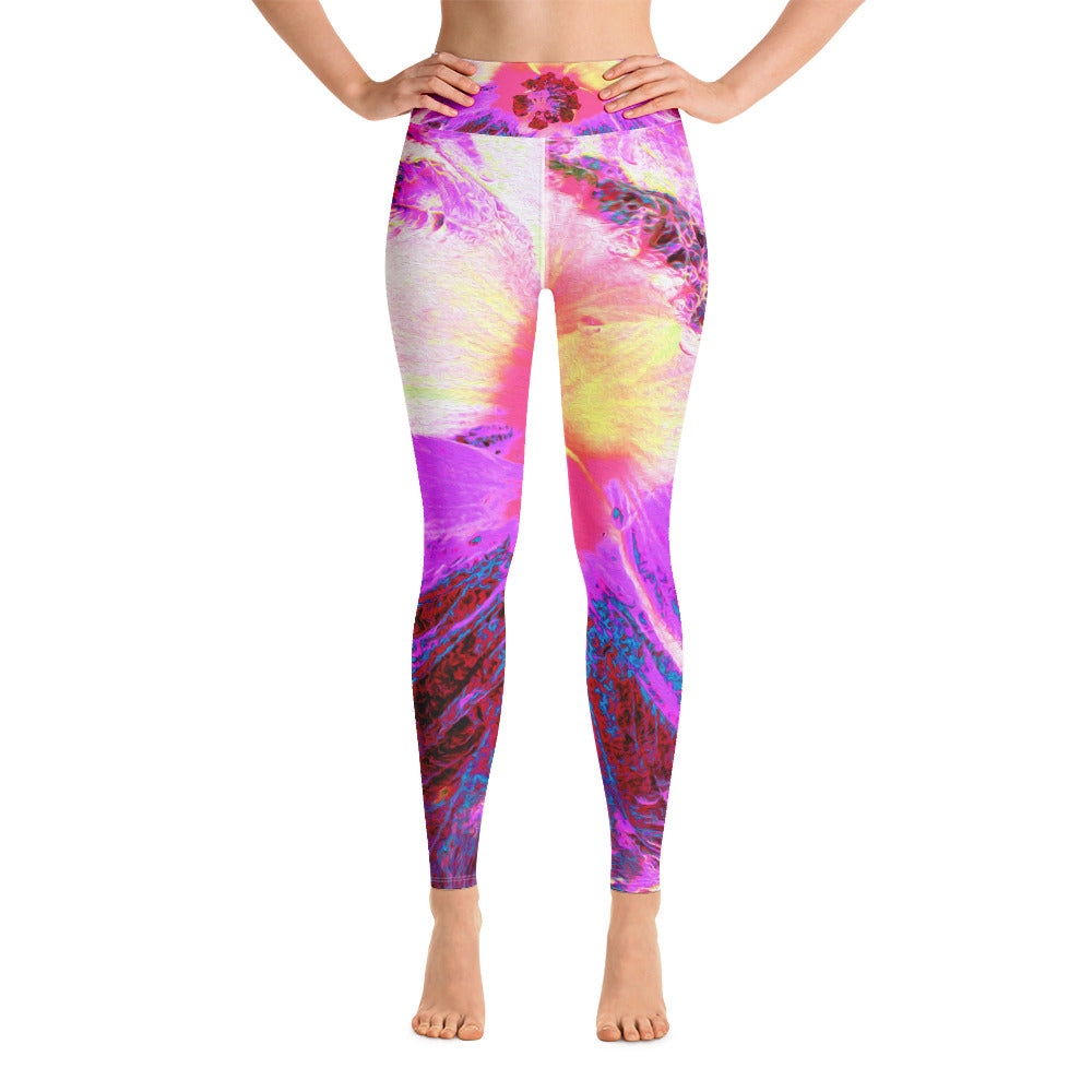 Yoga Leggings, Psychedelic Trippy Rainbow Colors Hibiscus Flower