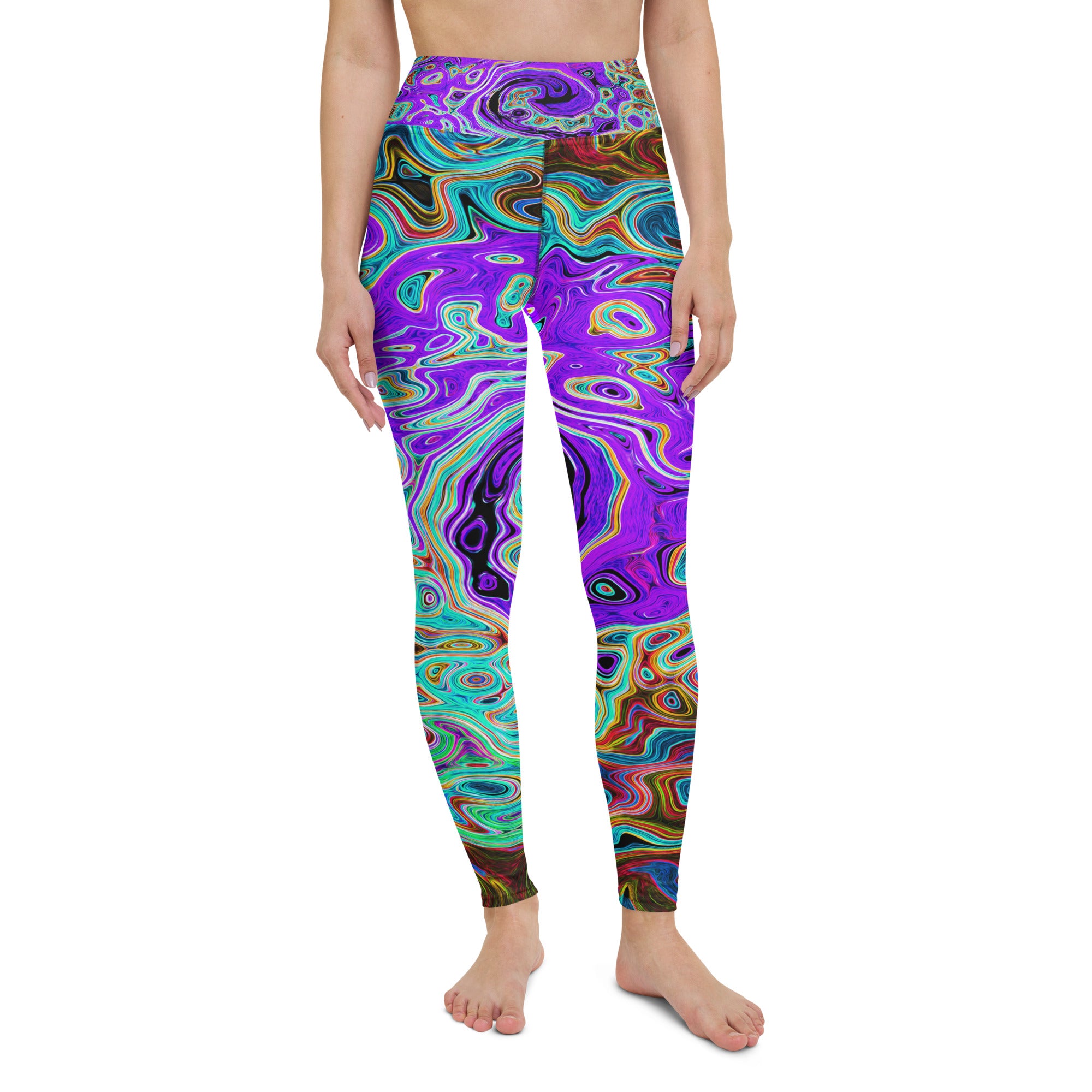 Yoga Leggings, Purple Colorful Groovy Abstract Retro Liquid Swirl