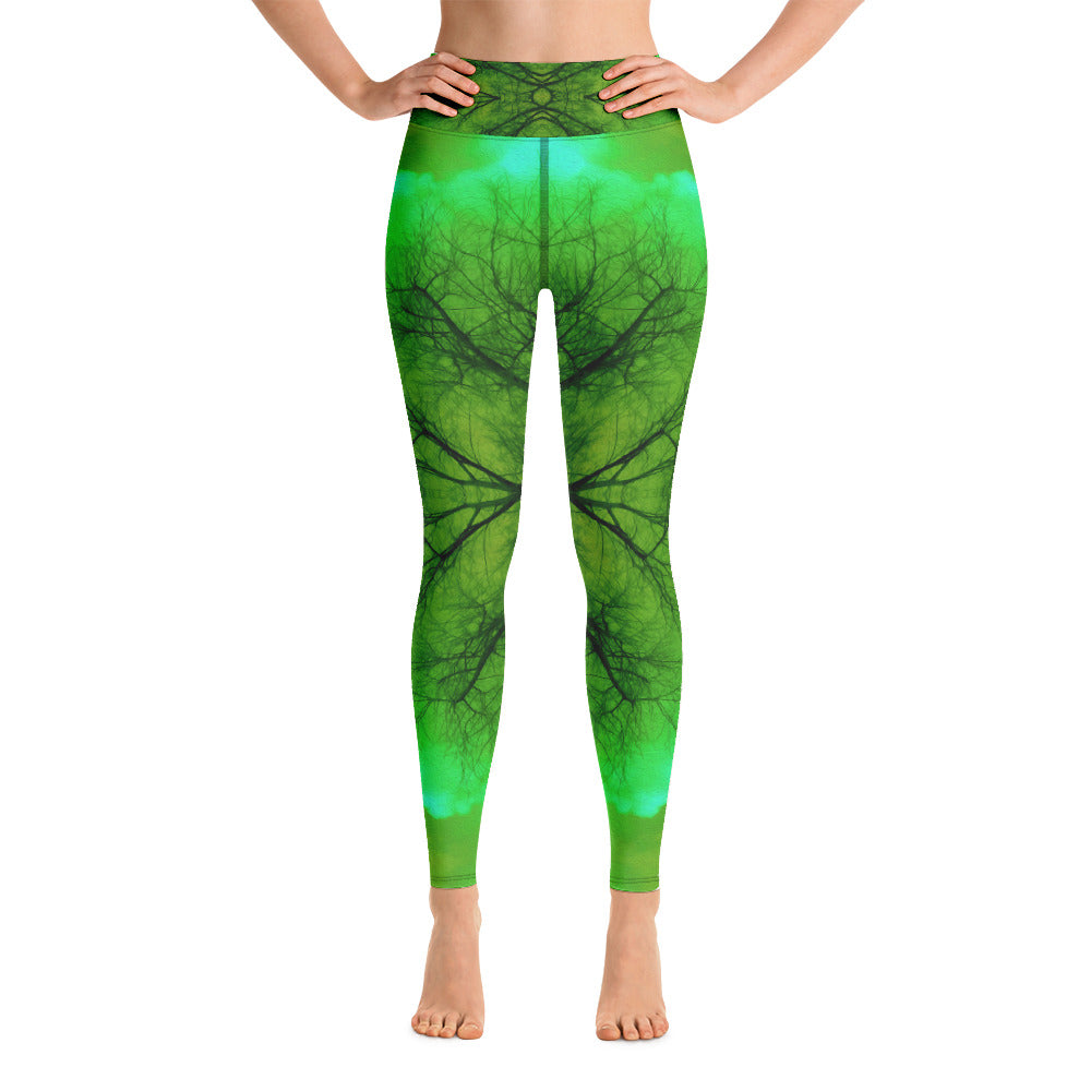 Yoga Leggings, Cool Green and Gold Abstract Cloud Mandala