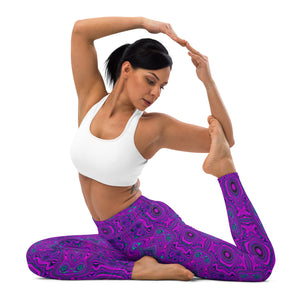Yoga Leggings, Trippy Retro Magenta and Black Abstract Pattern
