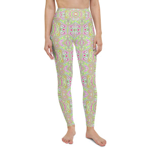 Yoga Leggings, Trippy Retro Pink and Lime Green Abstract Pattern