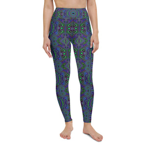 Yoga Leggings, Trippy Retro Royal Blue and Lime Green Abstract