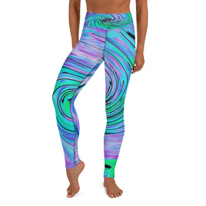 Yoga Leggings, Cool Abstract Lime Green and Purple Floral Swirl