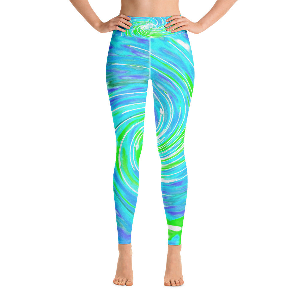 Yoga Leggings, Cool Abstract Retro Aqua and Lime Green Floral Swirl