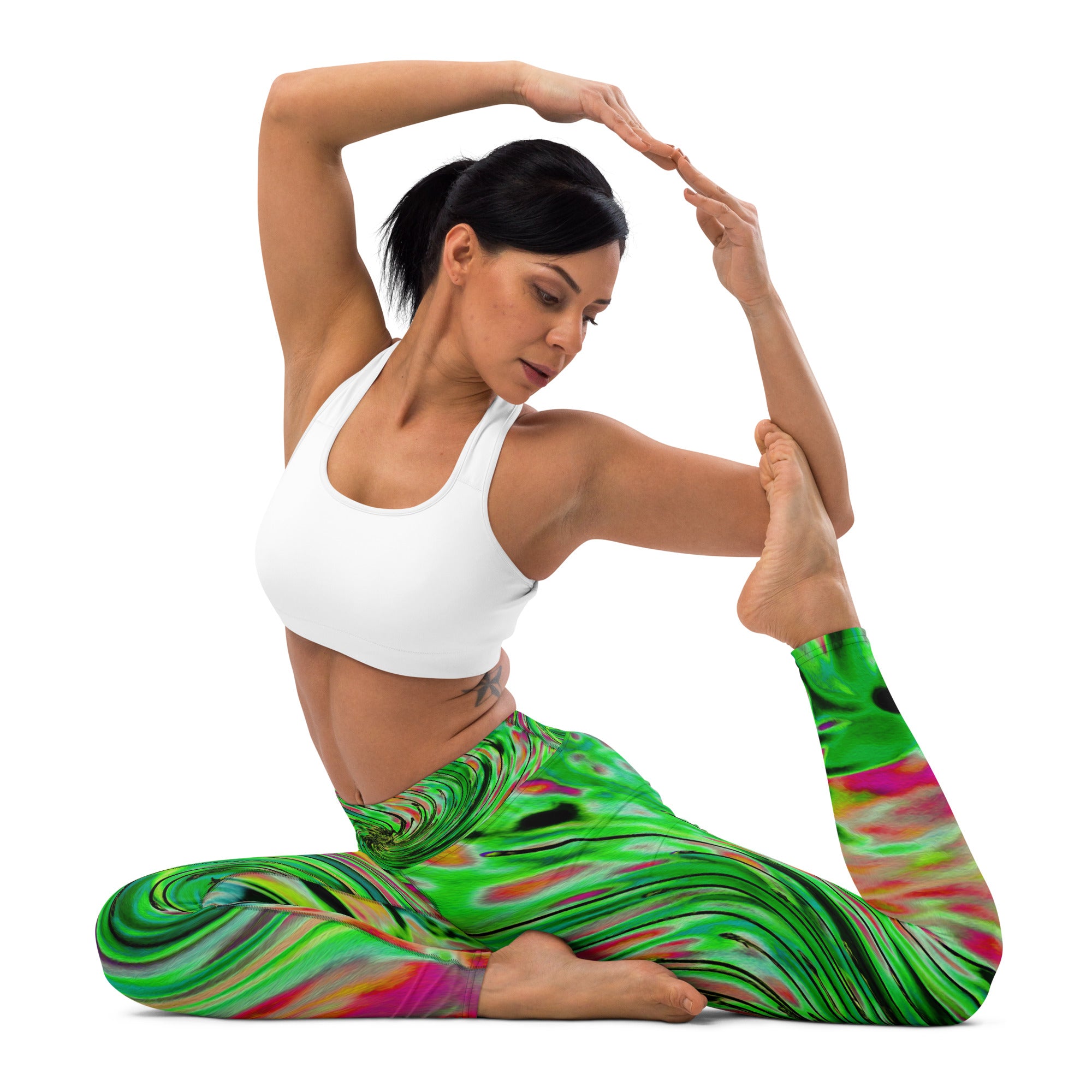 Yoga Leggings, Cool Abstract Lime Green and Black Floral Swirl