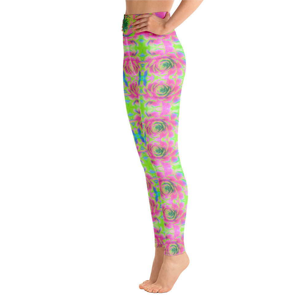 Yoga Leggings for Women, Sedum Rosette Pattern in Lime Green and Pink