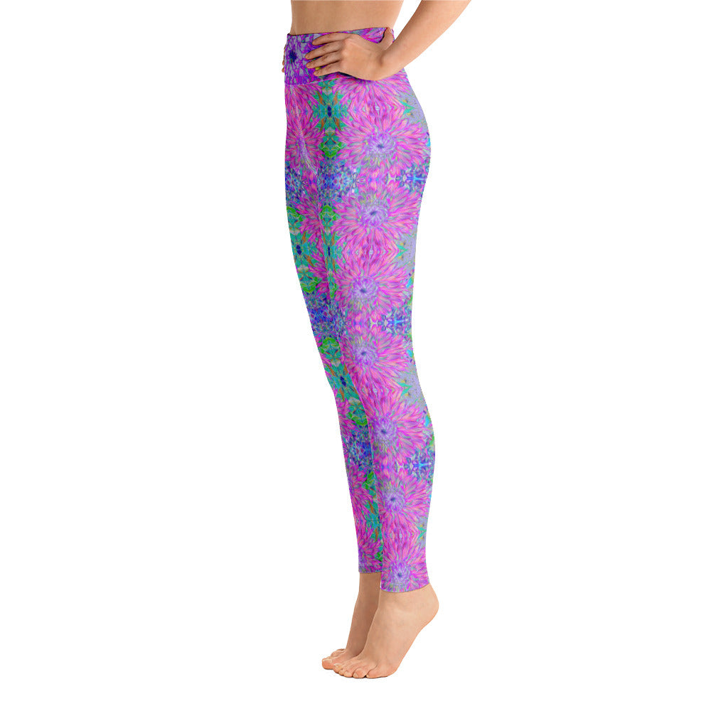 Yoga Leggings for Women, Abstract Dahlia Bloom Pattern in Purple and Pink