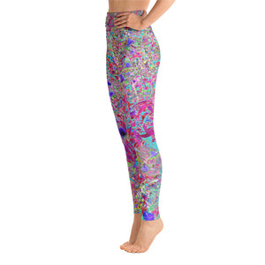 Yoga Leggings for Women, Abstract Purple Aqua and Pink Coneflower Garden