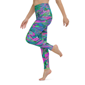 Yoga Leggings for Women, Psychedelic Magenta, Aqua and Lime Green Dahlia