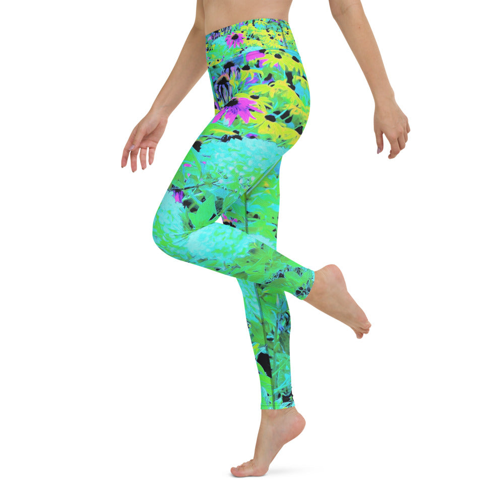 Yoga Leggings for Women, Impressionistic Aqua Garden Landscape Hydrangeas